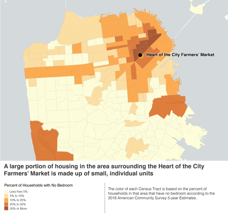 A map of San Francisco, showing the greatest concentration of studio and SRO housing in the Tenderloin.